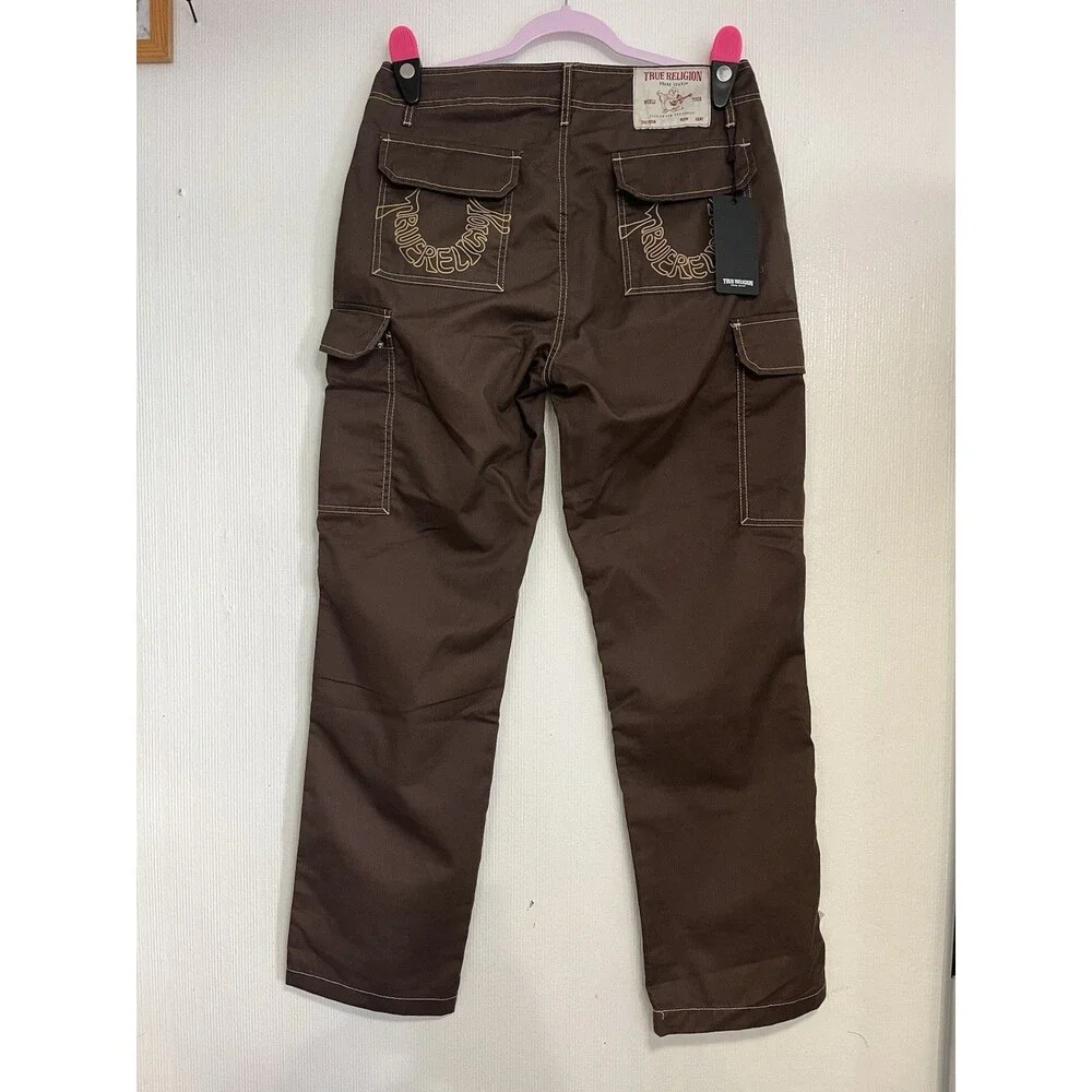 True Religion mens   Brown Canvas Cargo Pants Straight Leg Button Zip Pockets